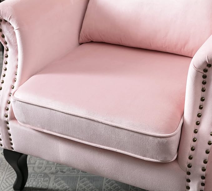 Mid Century Modern Accent Chair Upholstered Armchair Comfy Velvet Fabric Single Sofa with Tufted Wingback for Small Spaces Bedroom Living Room, Pink