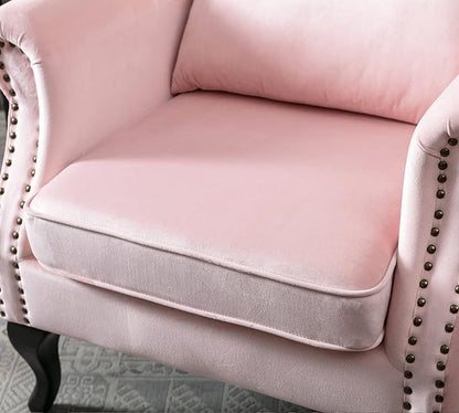 Mid Century Modern Accent Chair Upholstered Armchair Comfy Velvet Fabric Single Sofa with Tufted Wingback for Small Spaces Bedroom Living Room, Pink