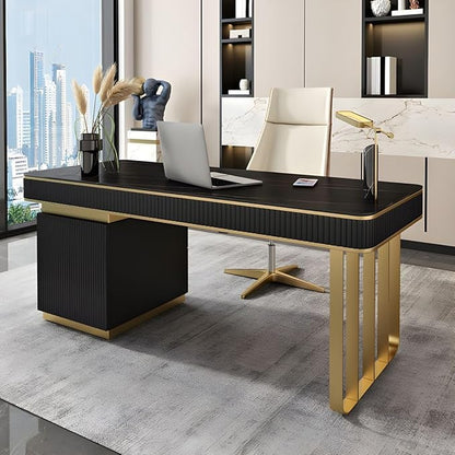 RUNNUP Stone top Computer Desk with 5 Drawers, Rectangular Home Computer Desk Writing Desk, Modern Executive Desk, Without Chairs, Black, 47.5" L x 23.5" W x 29.5" H