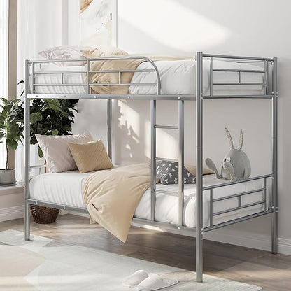 Merax Twin Over Twin Metal Bunk Bed with Ladder and high Guardrail, Able to Split, Storage Space, No Box Spring Needed, Noise Free,Silver