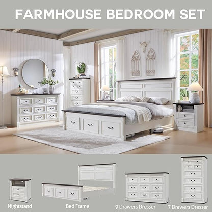 Farmhouse 7 Drawers Dresser for Bedroom, 57" Tall Dressers & Chests of Drawers w/Roman Column, Large Storage Dressers Organizer for Bedroom, Hallway, Living Room, White