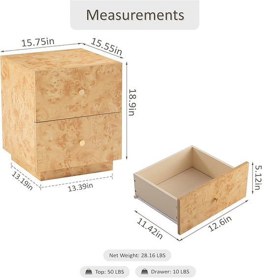 Modern 2 Drawer Nightstand with Elegant Burl Finish, Wood Bedside Table with Storage, Stylish Accent Side Table for Bedroom, Home Décor and Small Space Furniture