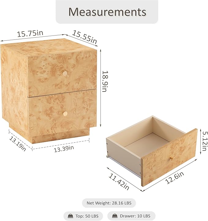 Modern 2 Drawer Nightstand Set of 2 with Elegant Burl Finish, Wood Bedside Table with Storage, Stylish Accent Side Table for Bedroom, Home Décor and Small Space Furniture