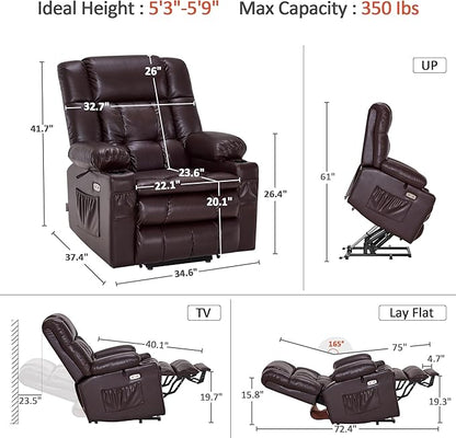 MCombo Dual Motor Power Lift Recliner Chair for Elderly, Lay Flat Lift Chair with Heat and Massage, Cup Holders, USB Ports, Faux Leather 7890 (Dark Brown, Medium)