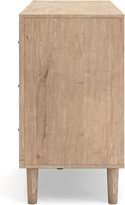 Signature Design by Ashley Cielden Coastal 6-Drawer Dresser, Bronze-Tone Knobs, Safety Stop, Textured Cane Details, 62.01" W x 19.65" D x 35.67" H, Light Brown