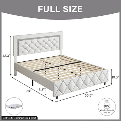 BarnFurin Full Size Bed Frame, Upholstered Platform Bed with Button Tufted Headboard, Princess Platform Bed with Diamond Design, Wooden Slats Support, No Box Spring Required, Easy Assembly, White