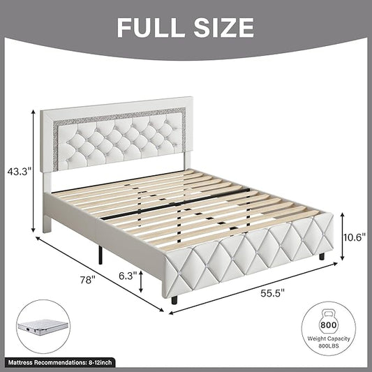 BarnFurin Full Size Bed Frame, Upholstered Platform Bed with Button Tufted Headboard, Princess Platform Bed with Diamond Design, Wooden Slats Support, No Box Spring Required, Easy Assembly, White