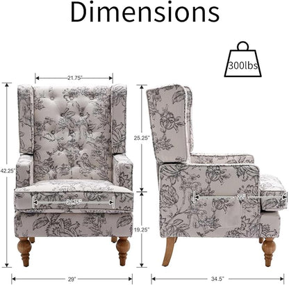 Mid-Century Accent Chair, Upholstered Arm Chair Linen Fabric Side Chair with High Back Solid Wooden Legs, Comfy Reading Chair for Living Room Bedroom, Floral Pattern
