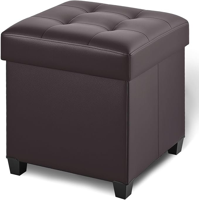 17.7" Ottoman with Storage, Square Storage Ottoman for Dorm, Faux Leather Ottomans with Legs for Living Room, Bedroom, Brown