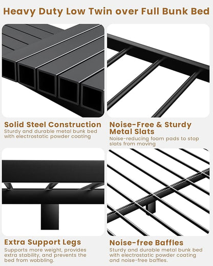 Twin Over Full Bunk Bed for Adults & Kids, Heavy Duty Bunk Beds with EVA Padded Ladder and Full-Length Guardrails, Noise-Free Metal Bed Frame, Space-Saving Design, Black
