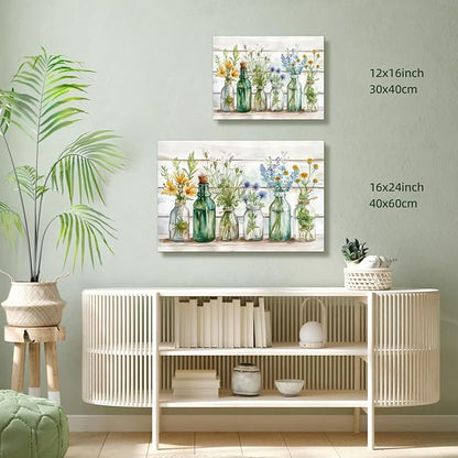 HLXRAE Green Bathroom Wall Art, Vintage Rustic Farmhouse Wall Decor, Watercolor Floral Canvas Painting, Sage Green Plant Aesthetic Picture for Bathroom Laundry Room Decor 16x24 inch