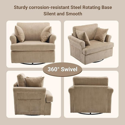 Karl home 39" Swivel Accent Chair,Oversized Seat Armchair W/2 Pillows and 4 Pockets,Modern Upholstered Corduroy Barrel Chairs,Comfy Single Sofa for Living Room,Reading,Bedroom and Office-Khaki