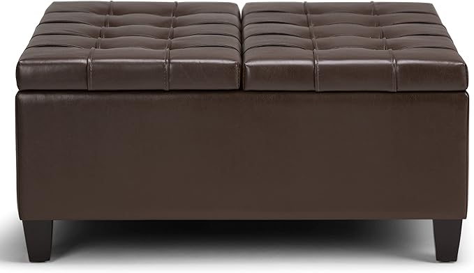 SIMPLIHOME Harrison 36 inch Wide Transitional Square Coffee Table Storage Ottoman in Chocolate Brown Vegan Faux Leather, Assembled, For the Living Room and Bedroom