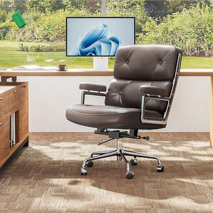 Genuine Leather Office Chair, Mid Back Executive Desk Chairs with Aluminum Arms and Wheels, Swivel Office Leather Chair with Thickened Backrest and Ergonomic Lumbar Support, Brown