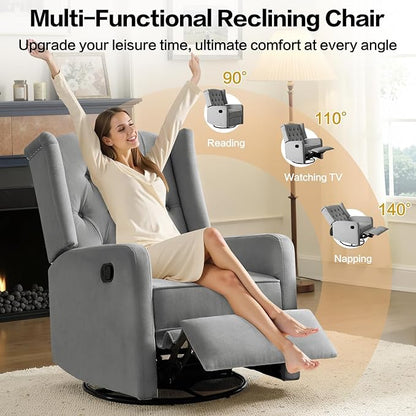 ABAKAN Swivel Rocker Recliner Chair, 360 Degree Nursery Rocking Recliner, Linen Glider Chair with Button Tufted Wingback Chair, for Living Room, Bedroom, Grey