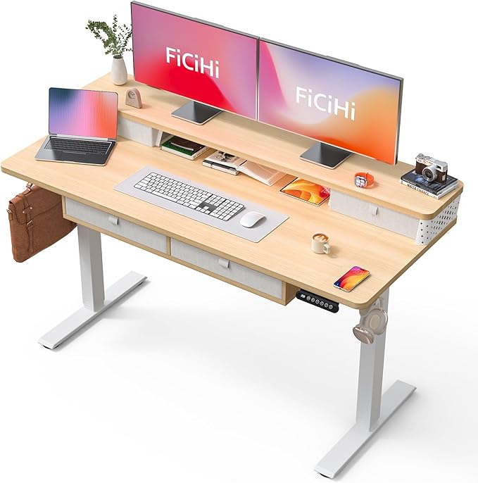 FiCiHi Adjustable Height Standing Desk with 4 Drawers,55 x 24 inches Electric Sit Stand Home Office Desk with Two Tiers, 3 Memory Presets, Monitor Stand Riser