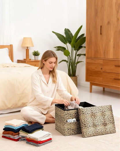 Storage Ottoman Foot Rest Stool, Small Velvet Storage Ottomans Bench, Folding Footstool with Side Pockets, Foot Rest Under Desk for Living Room Bedroom, 17x13x13 in, Leopard Print 2 Pack