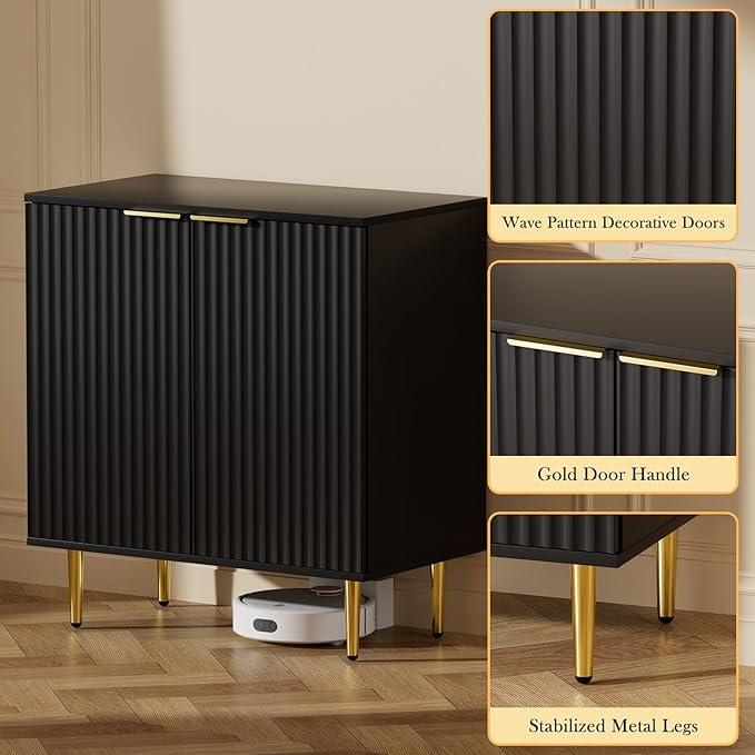 EOYUTLLY Black Fluted Storage Cabinet,Wood Sideboard Buffet Cabinet with Adjustable Shelf, Fluted Accent Cabinet with Gold Metal Legs, Console Table for Living Room,Dining Room,Kitchen