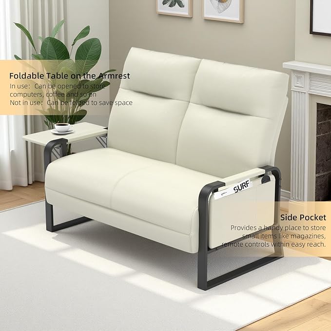 Faux Leather Loveseat Couch for Living Room Bedroom Office, Small Sofa 2 Seater Couch with Flip Up Tray Table Side Pockets Leather Loveseats, Beige