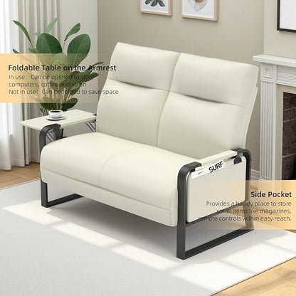 Faux Leather Loveseat Couch for Living Room Bedroom Office, Small Sofa 2 Seater Couch with Flip Up Tray Table Side Pockets Leather Loveseats, Beige