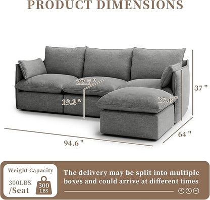 Waterproof Cloud Sectional Couches,High Backrest Down Filled Sofa for Living Room,94.5" Modular Sofas L-Shaped with Ottoman,Detachable Couch Covers,Dark Grey