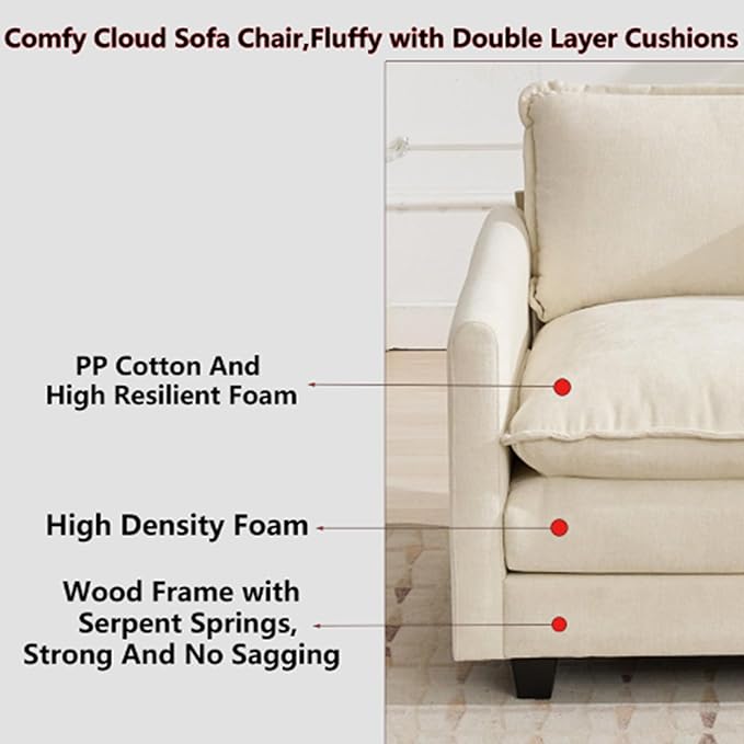 Aoowow Chenille Upholstered Accent Chair Oversized,Fluffy Single Cloud Sofa Chairs with Deep Seat,Modern Large Reading Arm Chair with Throw Pillow for Living Room,Bedroom (Beige, Single Sofa Chair)