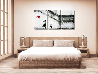 Wieco Art Banksy Grafitti Girl with Red Balloon Modern 3 Piece Famous Canvas Paintings Wall Art Inspirational Grey Love Pictures Print Artwork for Dining Room Kitchen Home Office Decor