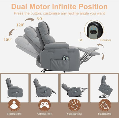 Power Lift Recliner Chair for Elderly, Electric Stand Assist Reclining Chair with Massage and Heat Function, Leather Living Room Furniture, Comfy Single Sofa with Cup Holders, Side Pockets, Gray