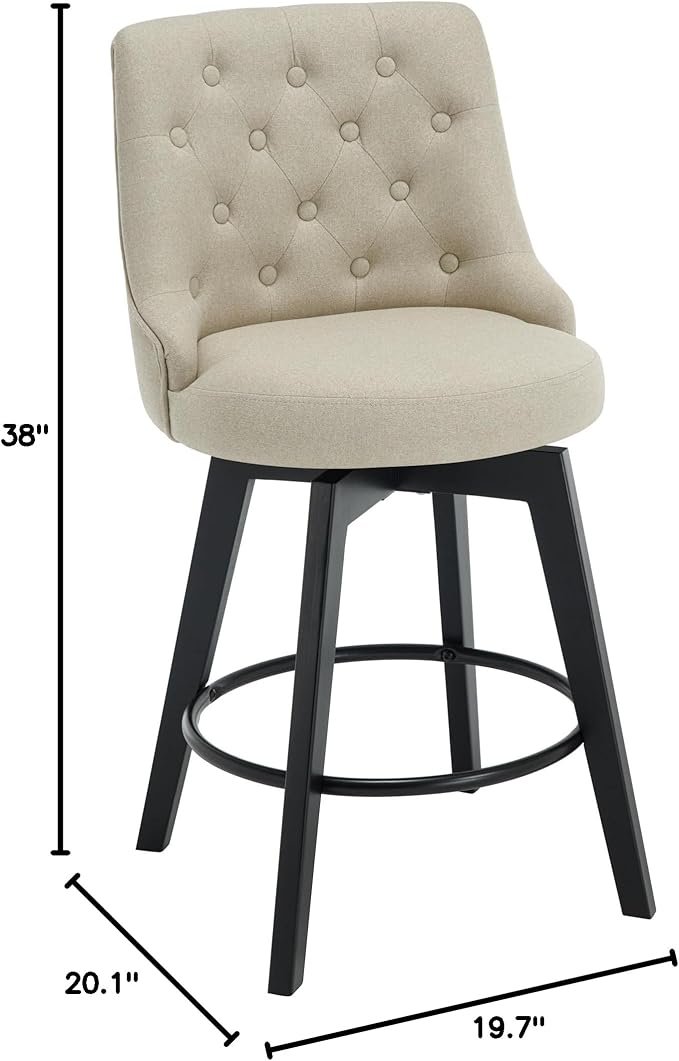 MINCETA Set of 4 Upholstered Bar Stools - 26 Inch Swivel Counter Height Stools with Low Tufted Back, Footrest & Performance Fabric - Khaki Round Seat for Kitchen Island & Home Bar