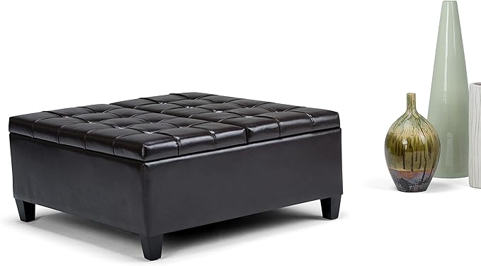 SIMPLIHOME Harrison 36 inch Wide Transitional Square Coffee Table Storage Ottoman in Tanners Brown Vegan Faux Leather, Assembled, For the Living Room and Bedroom