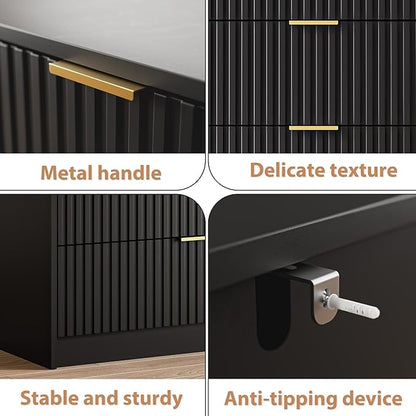 3-Piece Dresser Bedroom Set, 8 Drawer Dresser & 3 Drawer Nightstands with Gold Handles, Fluted Wood Chest of Drawers for Bedroom, Living Room, Entryway, Black