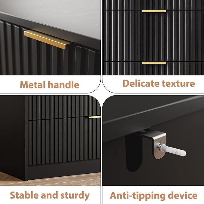 3-Piece Dresser Bedroom Set, 9 Drawer Dresser & 3 Drawer Nightstands with Gold Handles, Fluted Wood Chest of Drawers for Bedroom, Living Room, Entryway, Black