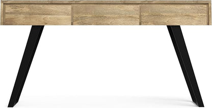 SIMPLIHOME Lowry Console Table - 60 Inch Wide Solid Mango Wood and Metal Sofa Table in Natural, Modern Industrial Storage Table for Entryway or Living Room with 3 Drawers and Angled Metal Legs