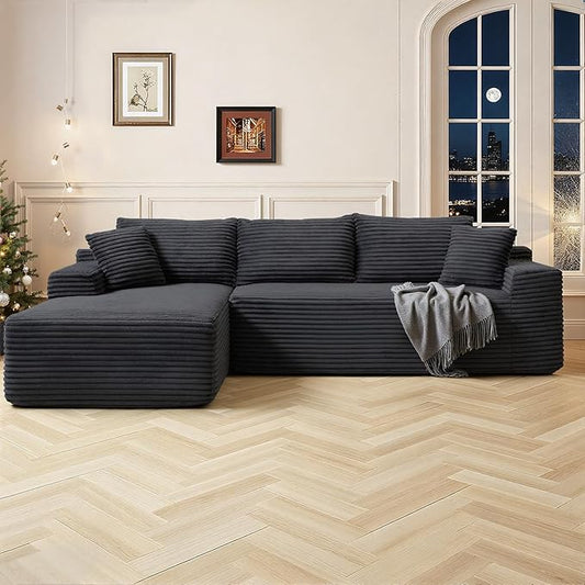 108 Inch Cloud Sectional Couch,Modern Modular Sectional Sofa with Deep Seat,Corduroy Boneless Couches with L-Shape Chaise for Living Room,No Assembly Required (Black, Left Facing Chaise)