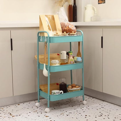 3 Tier Organizer Cart on Wheels, Metal Rolling Storage Cart with Wheels, Mobile Shelving Multifunction Storage Trolley with 4 Hooks fo Laundry Room Bathroom Kitchen Office, Green