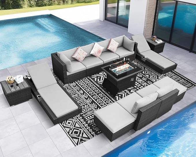 NICESOUL 13 Piece Backyard Furniture Set with Firepit Table, Wicker Woven Gray Patio Couch Set with Chaise Lounge for 10-People Seating, Modular Comfy 29.3" Highback Sectional Sofas for Outside Patio