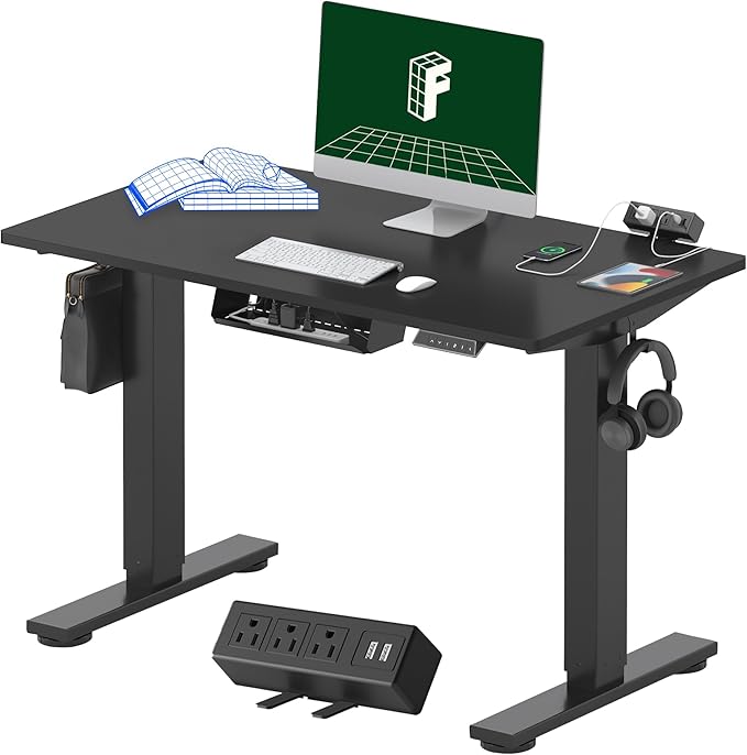 FLEXISPOT EN2 Whole-Piece Standing Desk with Clamp Power Strip, 40 x 24'' Electric Stand Up Height Adjustable Desk with Cable Management (Black Frame + 40" Black Top)