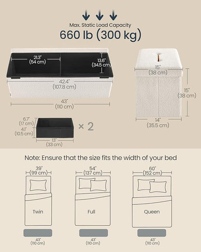 SONGMICS Storage Ottoman Bench, Storage Chest, 15 x 43 x 15 Inches, Foot Rest Stool, End of Bed Bench, Load up to 660 lb, for Living Room, Bedroom, Entryway, Cream White ULSF097W01
