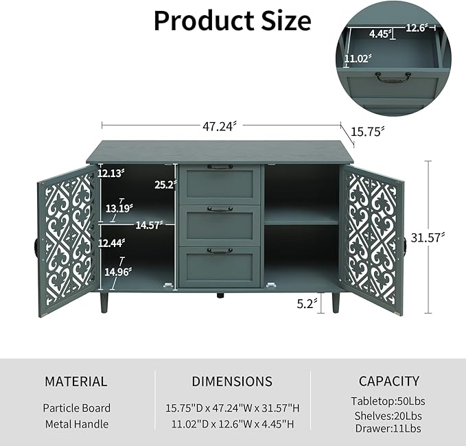Sideboard Buffet Credenza - Modern 2 Door 3 Drawer Cabinet with Storage, Accent Cabinet with Carved Pattern, Farmhouse Wood for Living and Dining Area (Green)