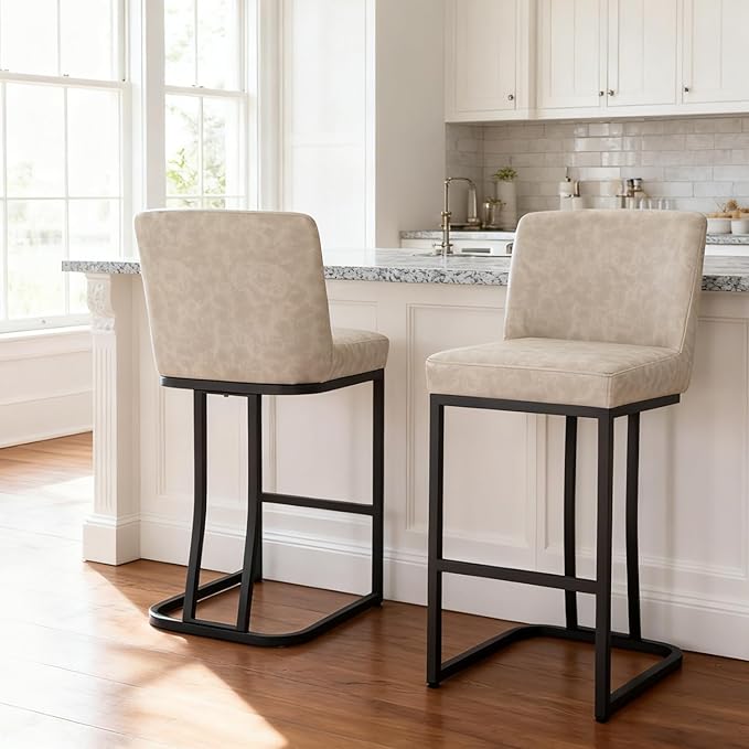 MAISON ARTS Counter Height Bar Stools with Back Set of 6 for Kitchen Counter, 24 Inch Modern Upholstered Faux Leather Barstools Farmhouse Bar Chairs Luxury Island Stools Support 330LBS, Light Grey
