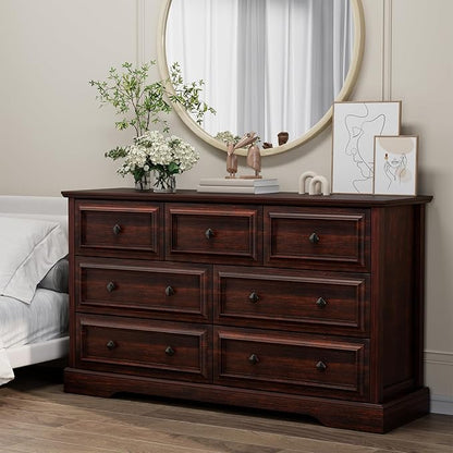 Farmhouse 7 Drawer Dresser for Bedroom, 54" Wide Wooden Dresser with Natural Texture & Vintage Metal Knobs, Large Chest of Drawers for Bedroom, Living Room, Hallway, Cherry