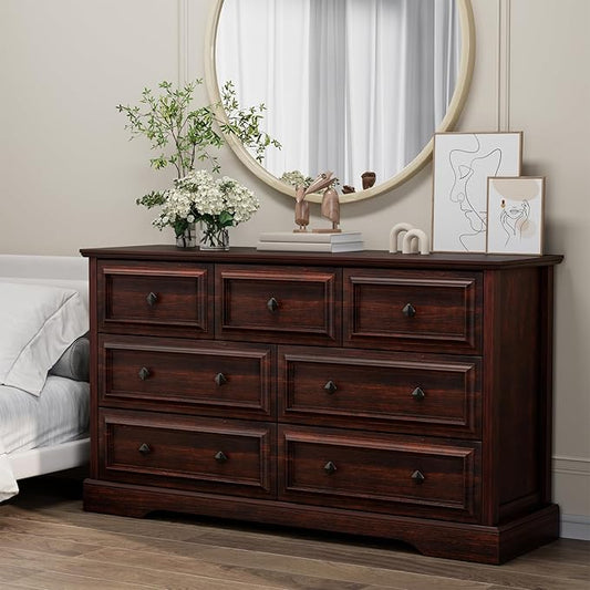 Farmhouse 7 Drawer Dresser for Bedroom, 54" Wide Wooden Dresser with Natural Texture & Vintage Metal Knobs, Large Chest of Drawers for Bedroom, Living Room, Hallway, Cherry