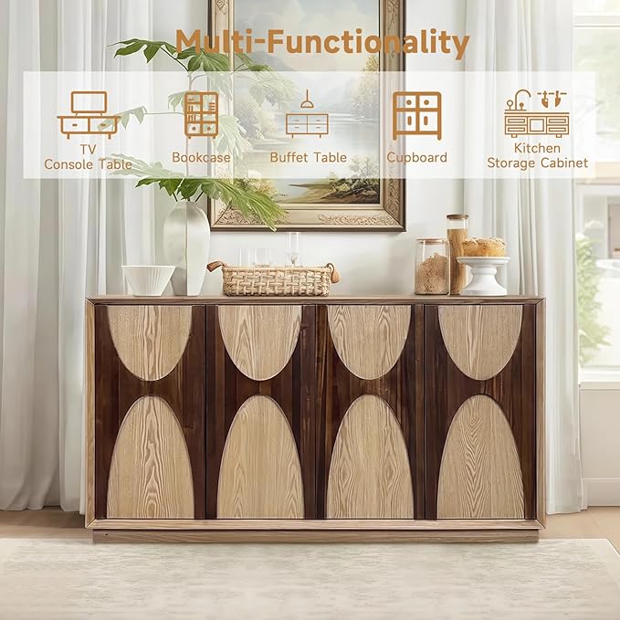 LKTART 59" Sideboard Buffet Cabinet Retro Accent Storage Cabinet with Magnetic Door Latches Adjustable Shelf for Living Room Kitchen(Natural)