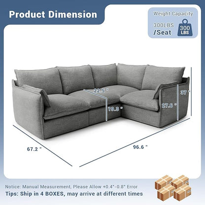Cloud Modular Sectional Sofa, Waterproof Down Filled Sectional Sofas, High Backrest 4 Seater Sectional Couches for Living Room, Modern Modular Couch with Removable Cover, Dark Gray