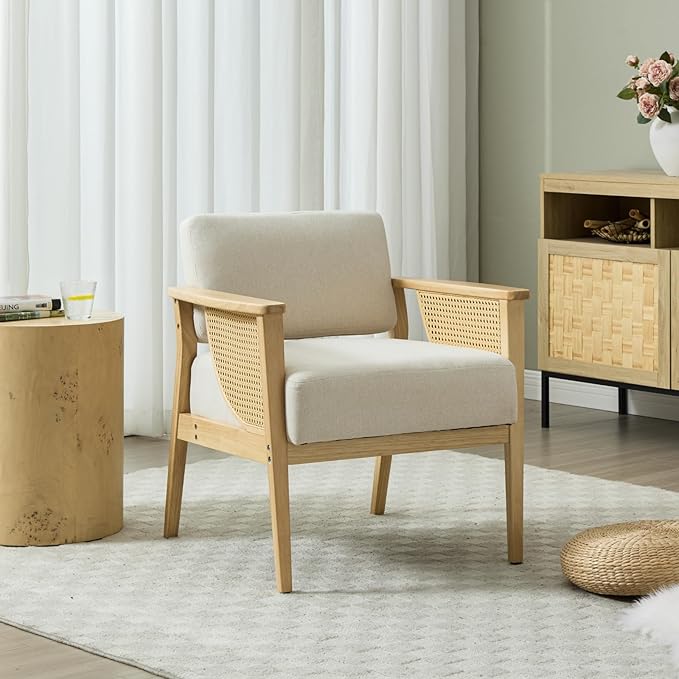 Mid Century Modern Accent Chair, Rattan Armchair with Wood Legs Living Room Chair Linen Upholstered Lounge Chair for Bedroom Reading Room, Beige