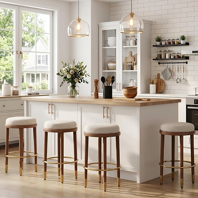 26’’ Rustic Backless Bar Stools with Metal Gold Footrest Counter Height Barstools Set of 6 Modern Round Farmhouse Beige Linen Upholstered Wooden Stools with Natural Solid Wood Legs for Kitchen Island
