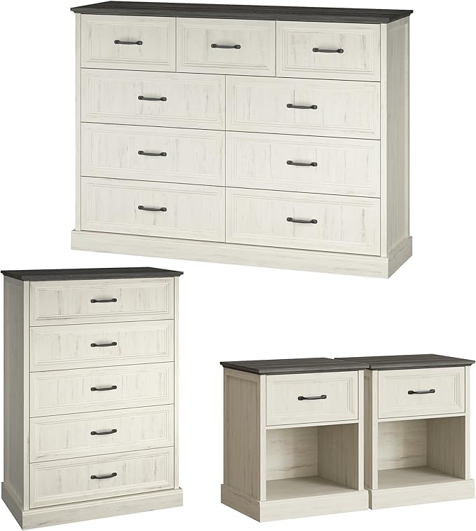 Farmhouse Dresser and Nightstand Sets, 4Pcs Bedroom Furniture Set, Nightstand Set of 2 & 55" Wide 9 Drawer and 44" Tall 5 Drawer Dresser with Large Drawers & Bar Handles, White
