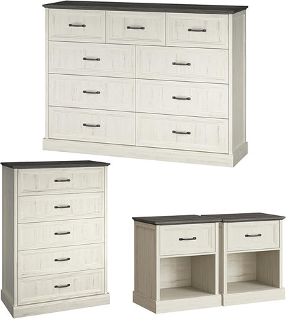 Farmhouse Dresser and Nightstand Sets, 4Pcs Bedroom Furniture Set, Nightstand Set of 2 & 55" Wide 9 Drawer and 44" Tall 5 Drawer Dresser with Large Drawers & Bar Handles, White