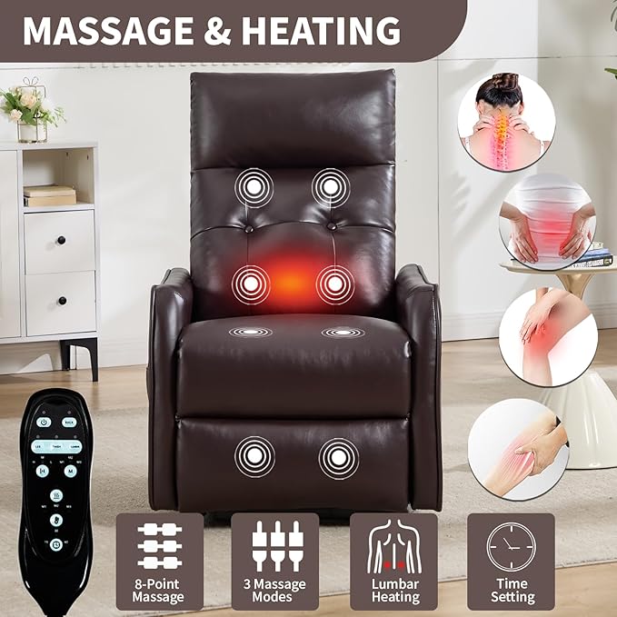 PELUMY Manual Lift Recliner Chair with Massage and Heat for Elderly, Single Motor Electric Lift Chair, Heavy Duty Recliner with USB Charging & Side Pockets (Breathable Leather, Brown)