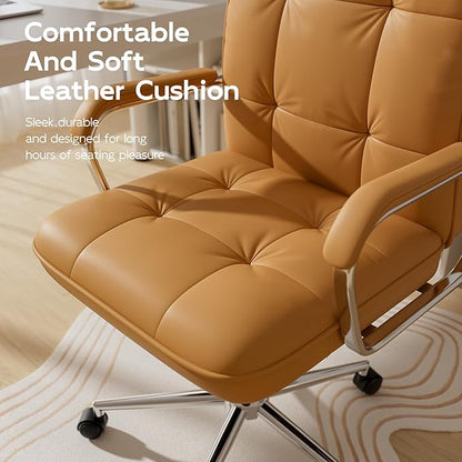 Brown Office Chair with Soft Leather, Swivel Computer Home Office Desk Chair with Wheels and Padded Arms, Adjustable Height and Tilt